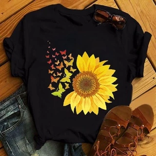 Nova camiseta feminina de verão com estampa de borboleta de girassol curta gola redonda roupas de moda feminina