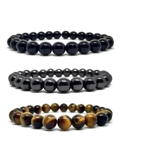 kit 3 pulseiras olho de tigre onix e hematita 6mm