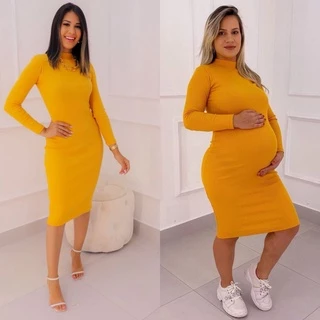 Vestido Ribana para Grávida Gola Alta Manga Longa