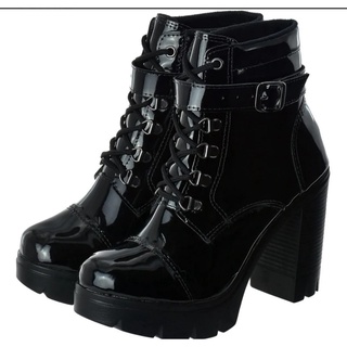 Coturno Feminino Bota Plataforma Detalhe Em Fivela Verniz