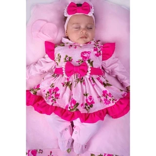 Saída Maternidade Menina Pompom Vermelha Floral 05 peças Roupas de Bebê