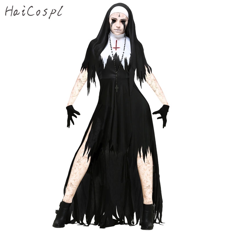 Halloween Traje Cosplay Mulheres De Vampiro Negra Nun Fantasia Vestido Teror Irmã Partido Disfarce Feminino Para Adultos