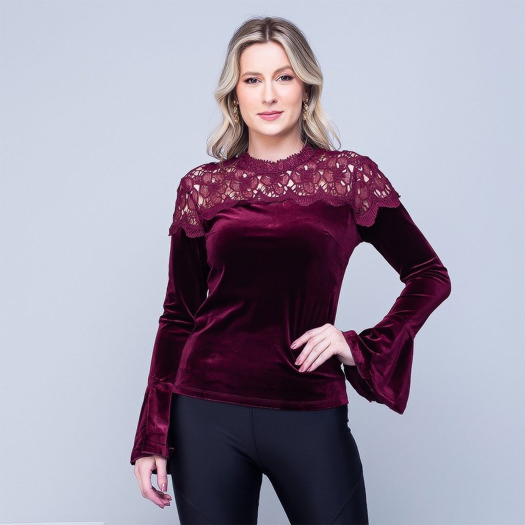 Blusa Feminina/ Manga Longa Flare/ Renda/ Vv 12032