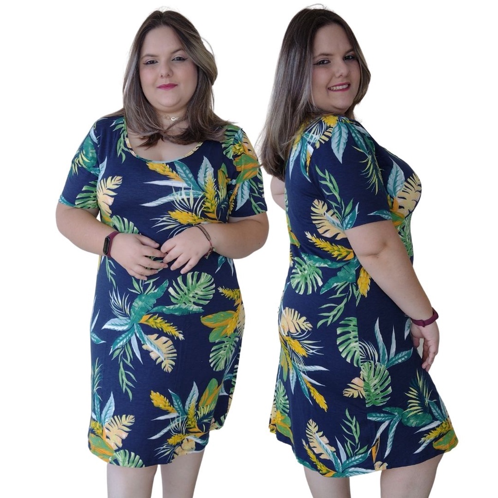 Vestido Curto Plus Size Manguinha Lastex Estampado Floral Moda Grande Maior  GG G1 G2 G3 G4 Soltinho