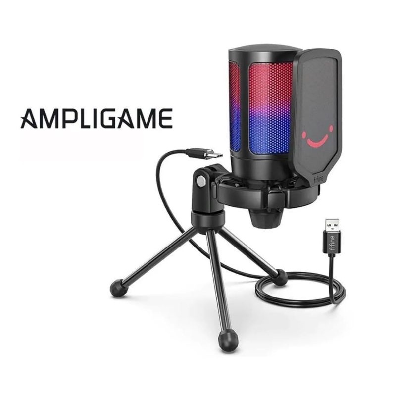 Microfone Gamer Condensador Rgb -Usb Fifine Ampligame Pop Filter Podcast Para Pc e Notebook