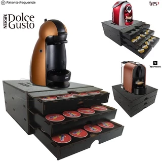 Porta Capsula 3 Gavetas Dolce Gusto ou Nespresso ou Três Corações Capsulas Preto Gaveta Embutida Simples e Reforçado (Suporta Maquina) - Decori Br
