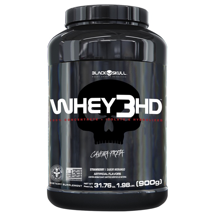 Suplemento Whey Protein 3HD Morango Caveira Preta Black Skull 900g + Coqueteleira – Healthy’s Nutrition