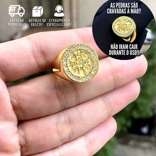 Anel Masculino De Ouro São Bento Com Pedras Banhado a Ouro 24k Dedeira