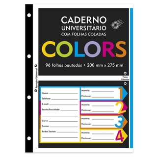 Folha para fichário universitário com 96 folhas coladas colors kit combo