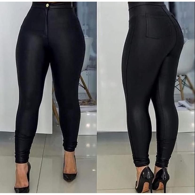 Leggings femininas de couro Wetlook cintura alta aparência de couro  sintético com bolsos