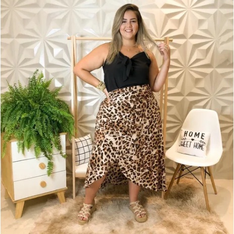 Saia Longa Transpassada Envelope Lisa Estampada Plus Size