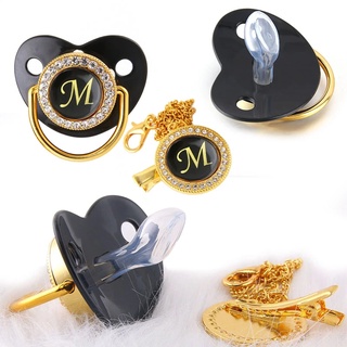 Luxo Preto Bling Do Bebê Chupeta E Clipe Carta M Infantil Ouro Original 26 Nome Inicial Chuveiro De Presente