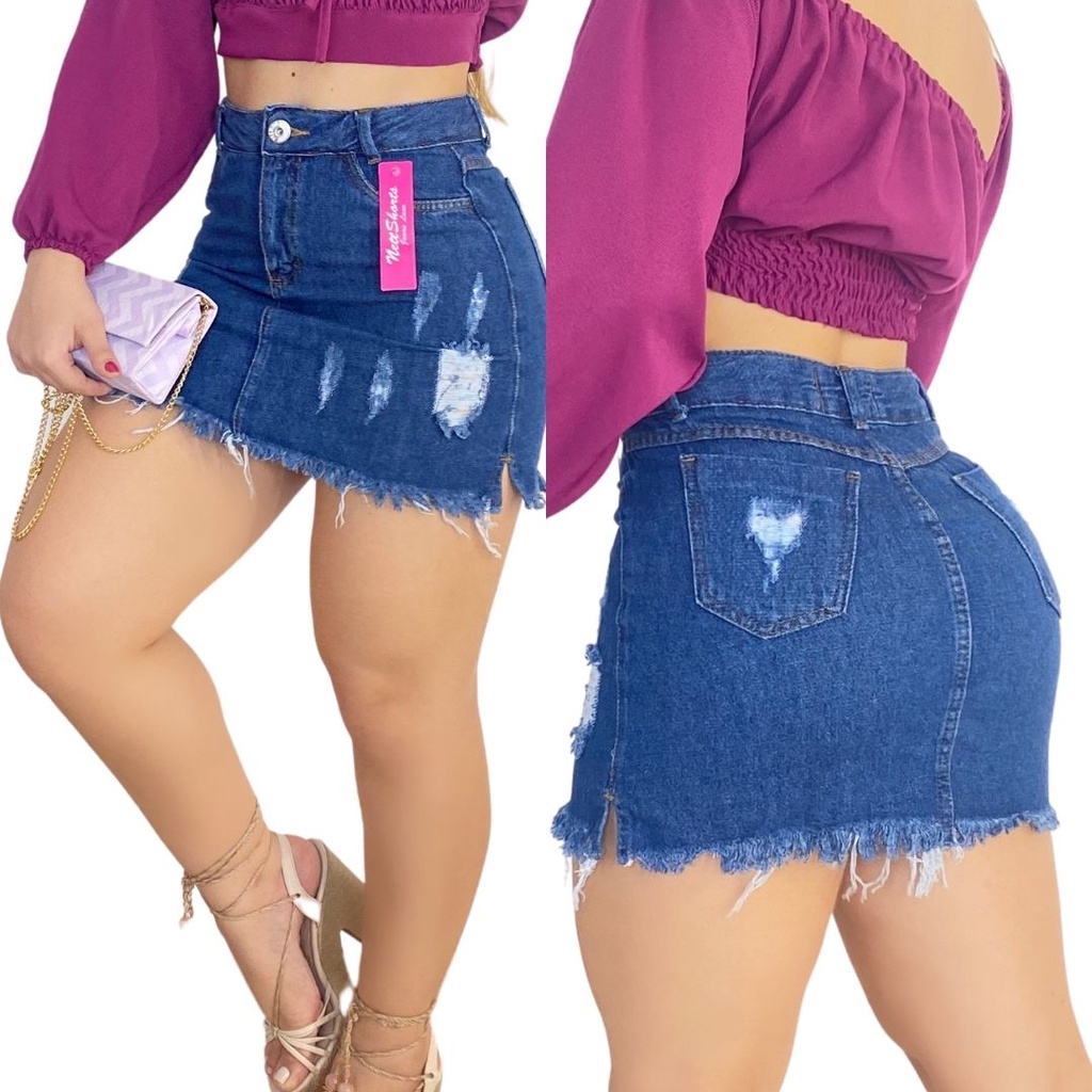 Saia Hot Pants Detonada Jeans Feminina Cintura Alta Destroyed