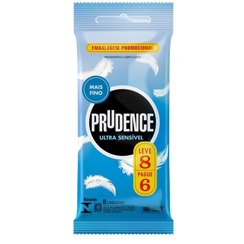 Preservativo Masculino Lubrificado Ultra Sensível Prudence Pacote Leve 8 Pague 6 Unidades