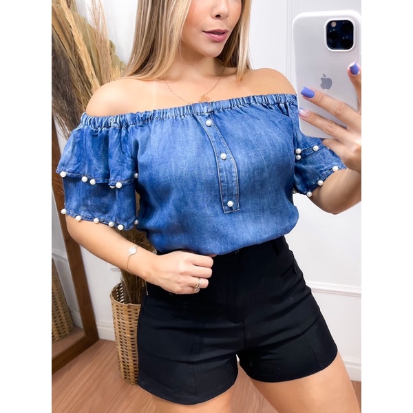 Blusa jeans hot sale com perola