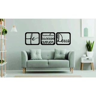 Kit com 3 quadros decorativos Palavras "fé família sucesso amor Deus " em mdf 3mm preto brihante 13x15cm