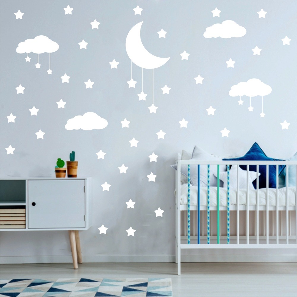 Adesivo De Parede Decorativo Quarto Infantil Nuvens Lua Estrelas Cor Branco