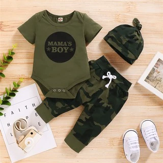 Recém-Nascido Baby Boy Mama's Letters Imprimir Manga Curta Romper + Calça Com Camuflagem De Chapéu 3PCS Outfit