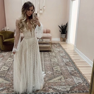 Mulheres Elegante Decote Em V Profundo Dot Malha Manga Comprida Nupcial Longo Maxi Vestido Host Vestidos De Casamento Da Noiva Damas De Honra