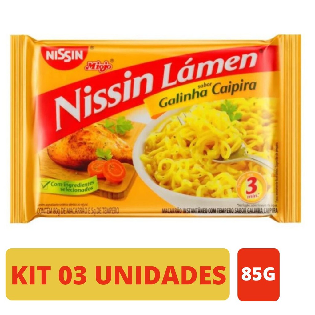 Kit 03 Unidades Macarrao instantâneo Miojo Nissin Galinha Caipira 86g ...