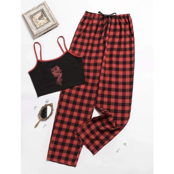 SheIn Conjunto de pijama xadrez feminino de 3 peças com shorts e