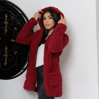 Casaco Feminino Juvenil Teddy de Frio na Cor Marsala Longo Tam 10 a 16 Aberto
