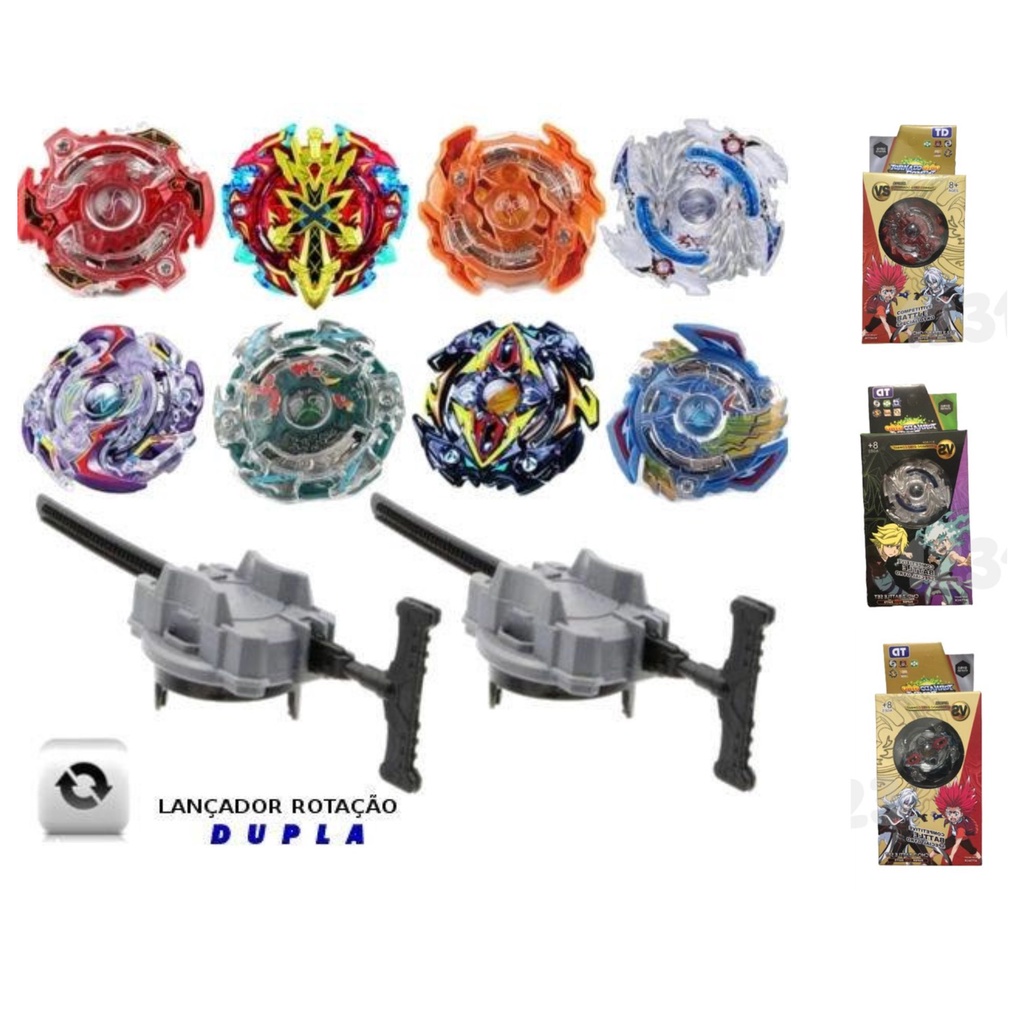 Beyblade Burst Metals com lançador valtriek, scalibur, kerbeus, zilion zeus e outros