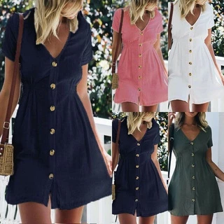 Botão Para Baixo Mulher V Pescoço Mini Vestido De Chá De Verão Manga Curta Tamanho Sundress Plus