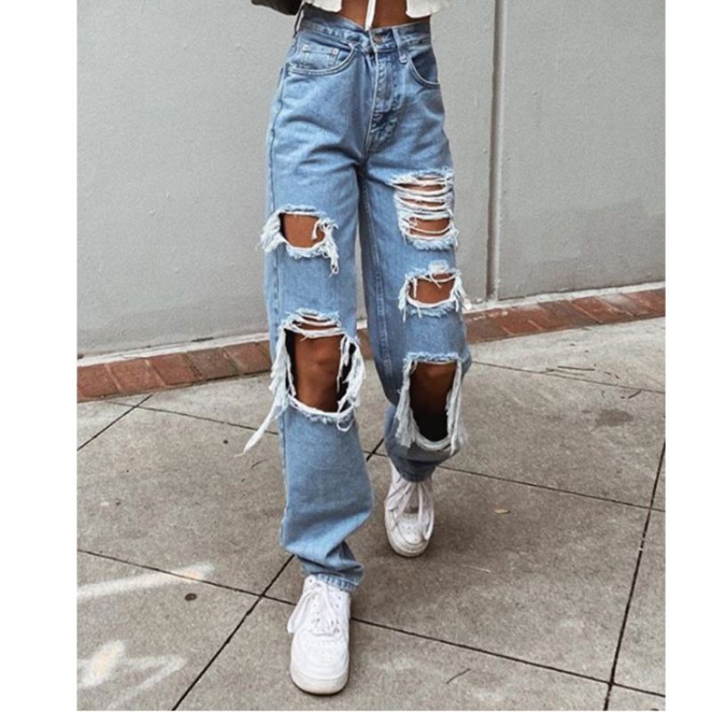 Lavagem Streetwear jeans Mulheres Rasgado Novo Tubo De Cintura Alta Moda Em  Linha Reta Perna Larga Calças jeans Mãe Esqueleto Alta wai