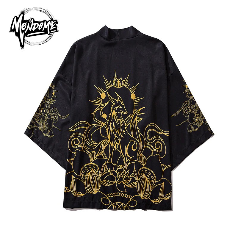 Kimono Japonês Camisa Larga Masculina Unissex Moda De Rua Oriental Hip Hop Rap Trap Kitsune Raposa Blusa Coreana Fina Leve Pronta Entrega