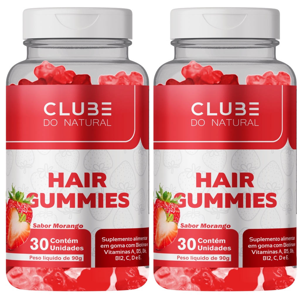 Combo Com 2 Hair Gummies Cabelo Pele E Unhas Total 60 Gomas Sabor Morango Clube Do Natural