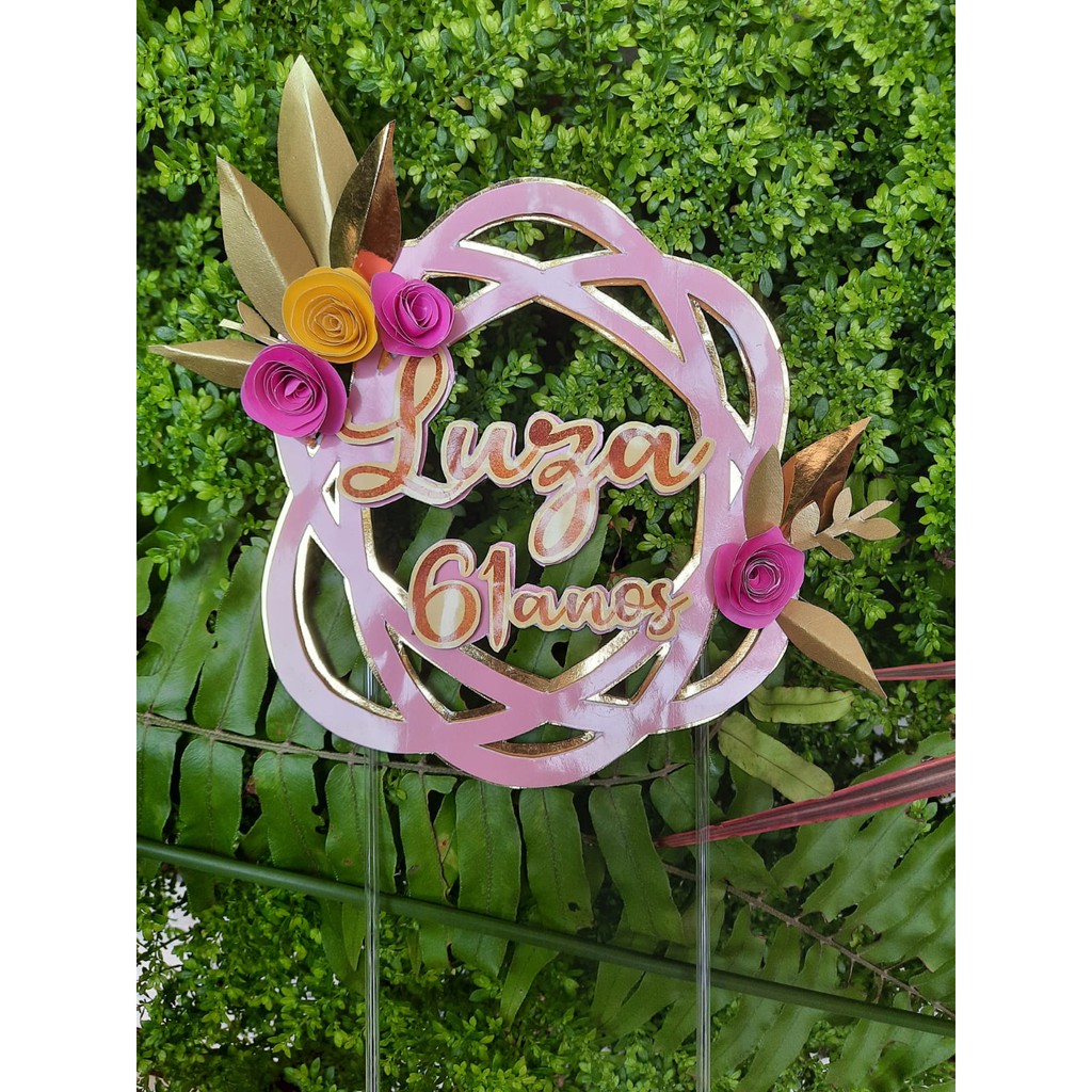 Topo Circular Nome e Flores R251 p/ bolos 25cm e 20cm