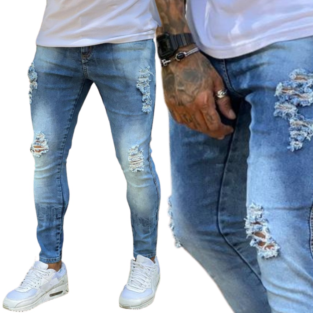 Calca jeans skinny Preta Destroyed Rasgada Desfiada ElastanoLaycra.