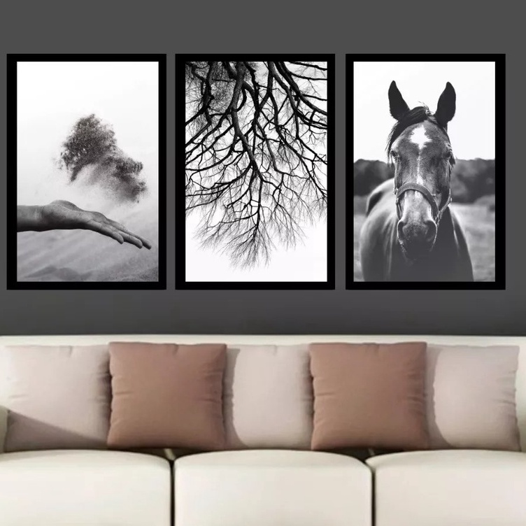 Quadro decorativo Cavalo Preto Pulando Para Sala Quarto 130x60 Moldura  Preta 2x2