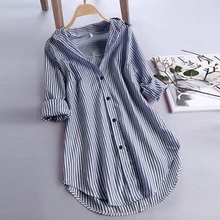 (Esg) (Bgk) Camisa / Blusa Feminina Com Listras Chiques De Manga Comprida Com Gola Virada Folgada De Botão ~ Bgk