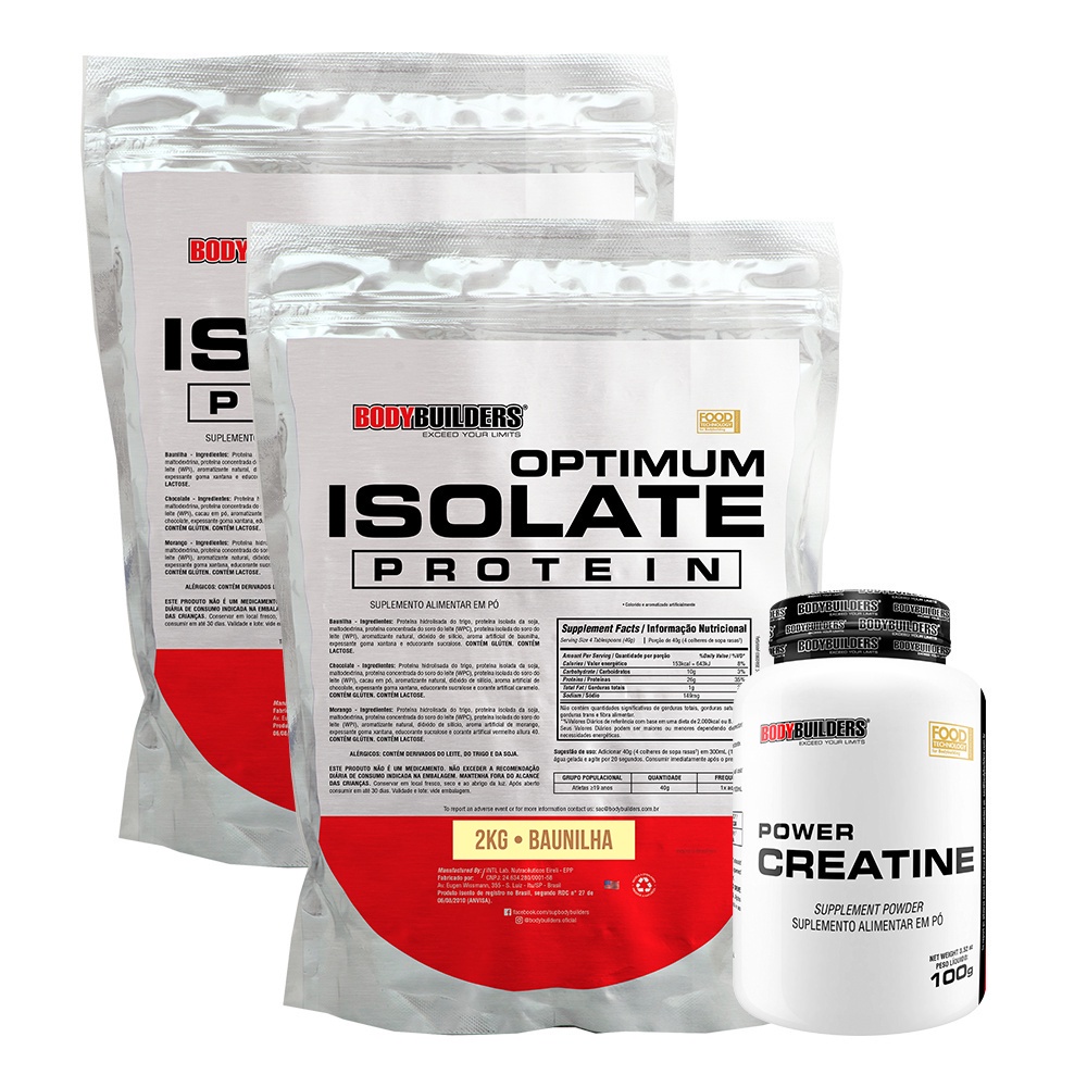 Kit 2x Whey Optimum Isolate Protein 2kg + Power Creatina 100g – Para Ganho de Massa Muscular Magra, Força e Energia Nos Treinos de Academia – Bodybuilders