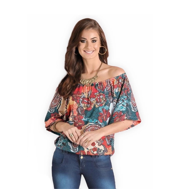 Blusa Feminina Ombro a Ombro manga Raglan Estampada Hippie roupas femininas