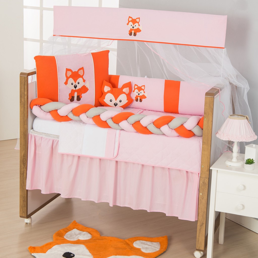 Kit Berço Raposa Trança Rosa - 10 Peças