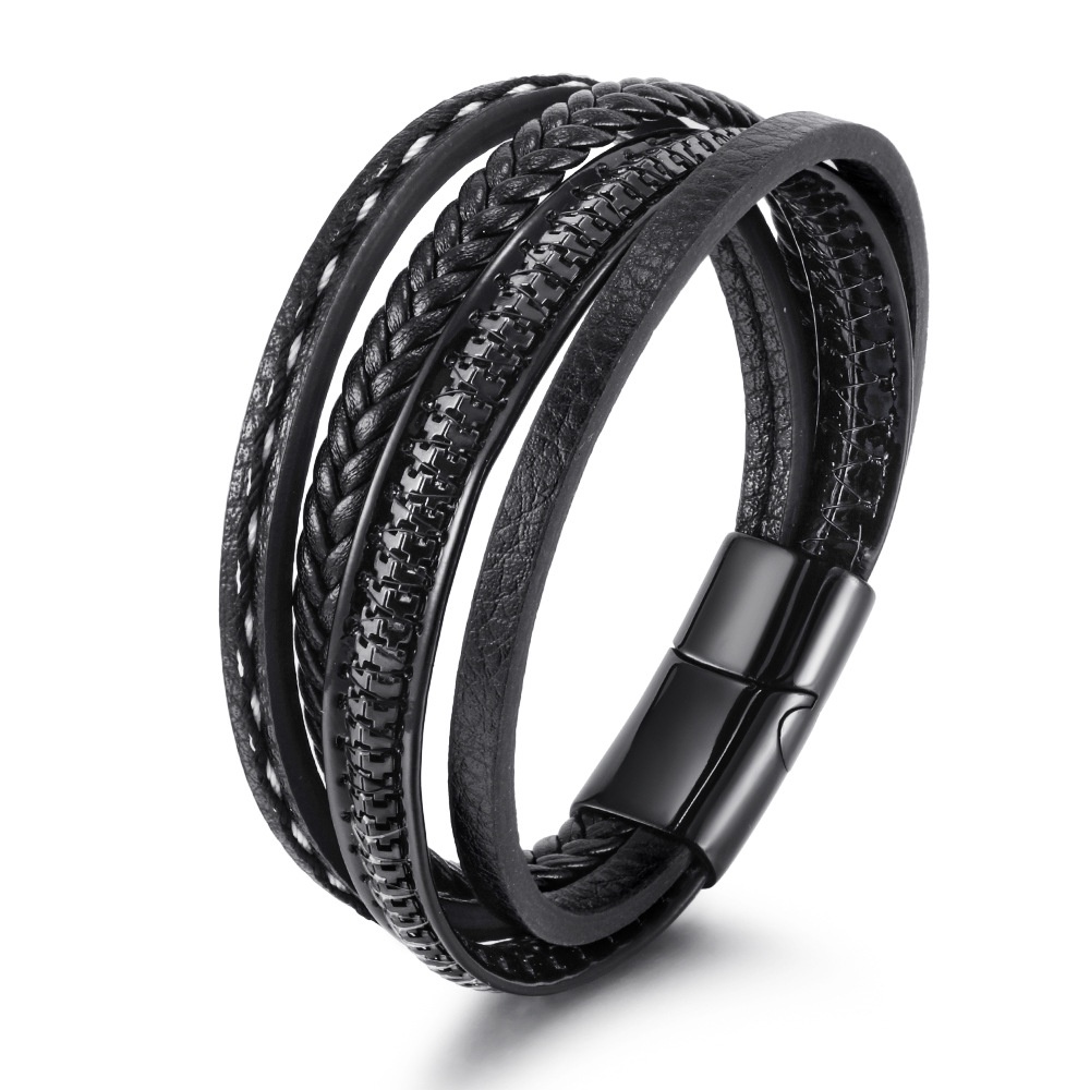 Moda nova multicamadas mão tecida pulseira personalidade masculina fivela cabo de couro
