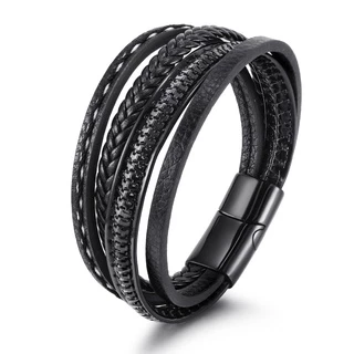Moda nova multicamadas mão tecida pulseira personalidade masculina fivela cabo de couro