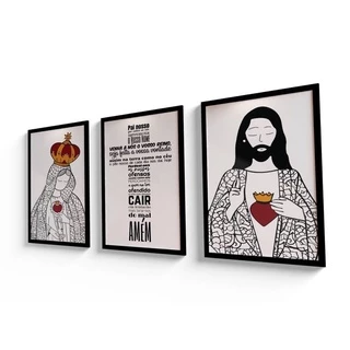 Kit Quadros Plaquinhas Decorativas 3 peças 20x30 Relogioso Oração do Pai Nosso Jesus Nossa Senhora