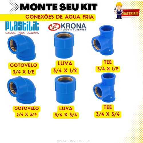 Conexões de Água Fria 3/4 e 1/2 25mm 20mm / Joelho Azul - Luva Azul - Tee Azul - Plastilit ou Krona