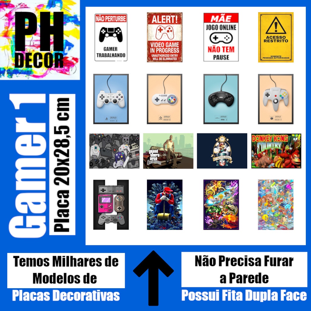 Placa decorativa atenção jogo online não tem pause com fita dupla face