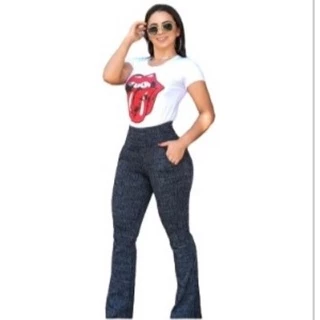 Calça feminina flare mescla em jaquard modelo com bolso Plus size