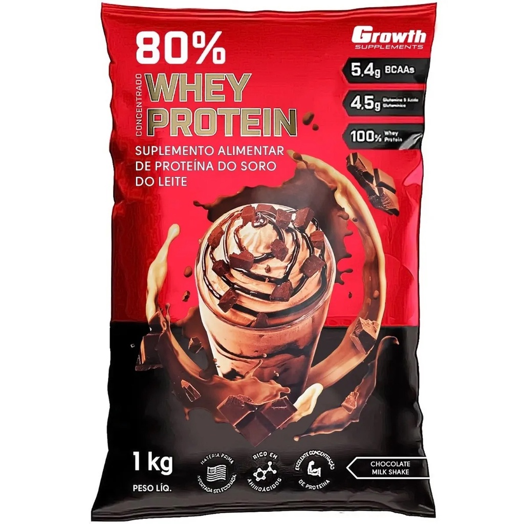 Whey Protein De Chocolate Milkshake 80% Proteína Concentrado 1Kg Growth Original