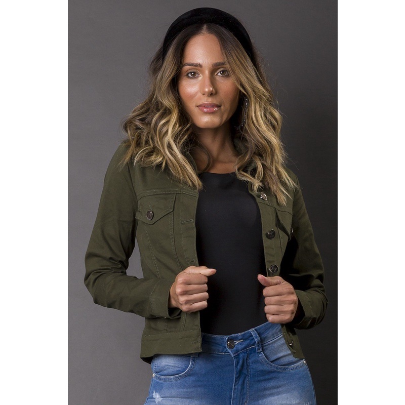 Jaqueta jeans verde militar 2024 feminina