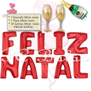 kit 13 Balão Metalizado FELIZ NATAL 40cm 2 TAÇA 1 CHAMPANHE 36cm