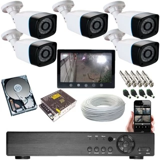 Kit Vigilância 5 Câmeras Infravermelho Ahd Dvr 8ch P2p + Tela 9 Polegadas Completo P/ Instalar