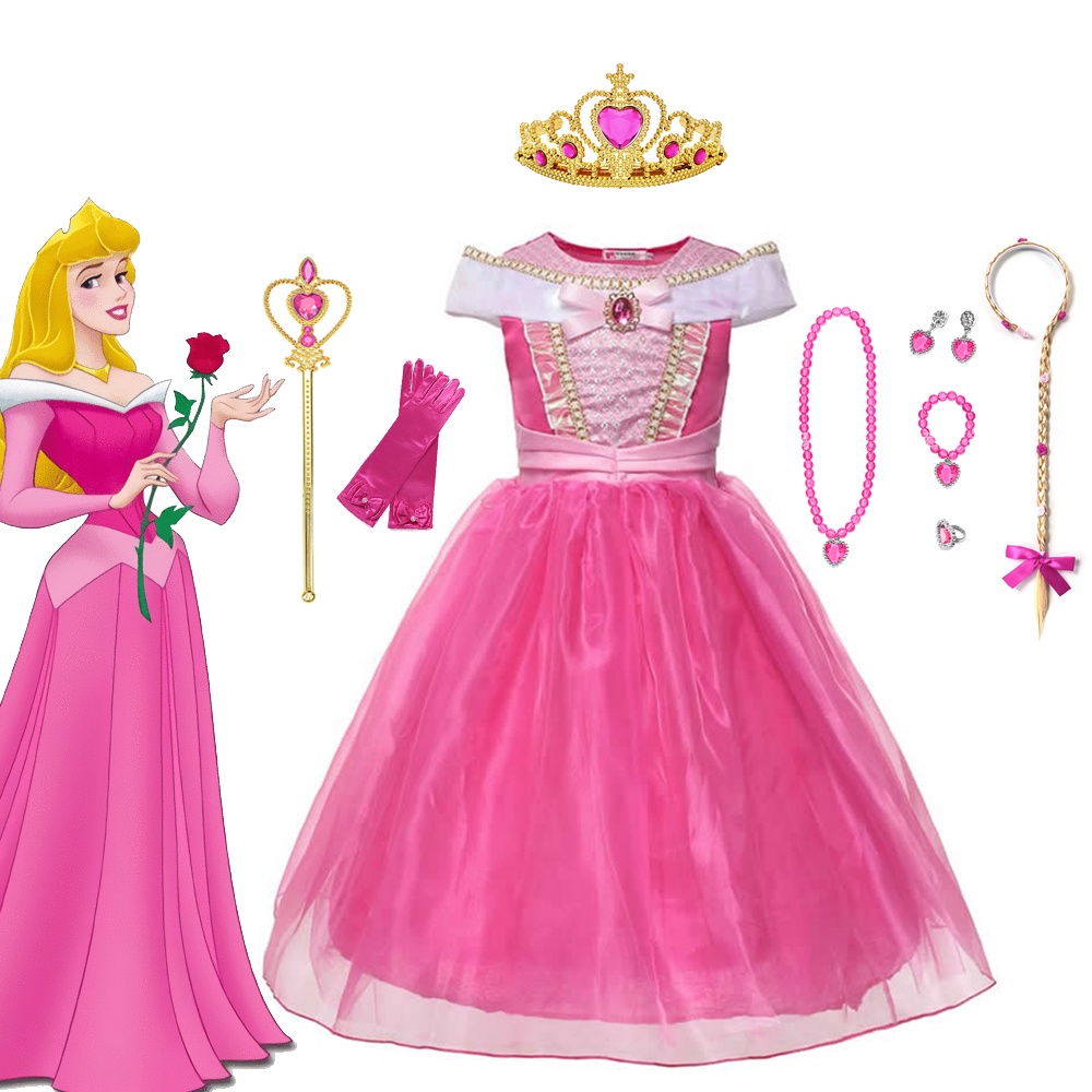 Meninas Vestido De Princesa Bela Adormecida Aurora Cosplay Partido Do Carnaval Vestidos Rosa Roupa Dos Miúdos Outfits