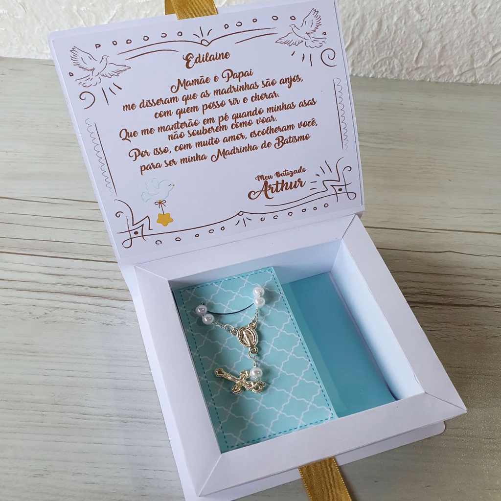 02 Caixas Convite para Batizado com mini terço menino ou menina